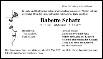 Traueranzeige von Babette Schatz von Neustadt/ Scheinfeld/ Uffenheim
