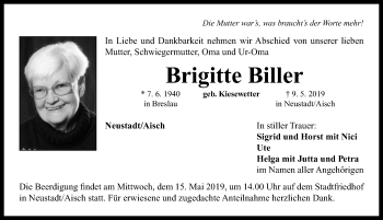 Traueranzeige von Brigitte Biller von Neustadt/ Scheinfeld/ Uffenheim
