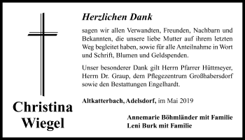 Traueranzeige von Christina Wiegel von Neustadt/ Scheinfeld/ Uffenheim