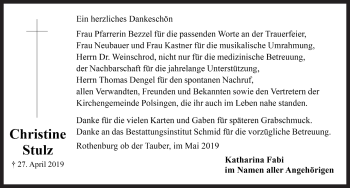 Traueranzeige von Christine Stulz von Rothenburg