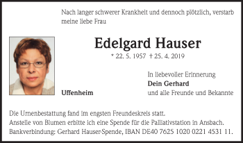 Traueranzeige von Edelgard Hauser von Neustadt/ Scheinfeld/ Uffenheim