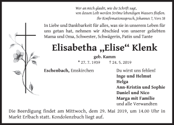 Traueranzeige von Elisabetha Klenk von Neustadt/ Scheinfeld/ Uffenheim