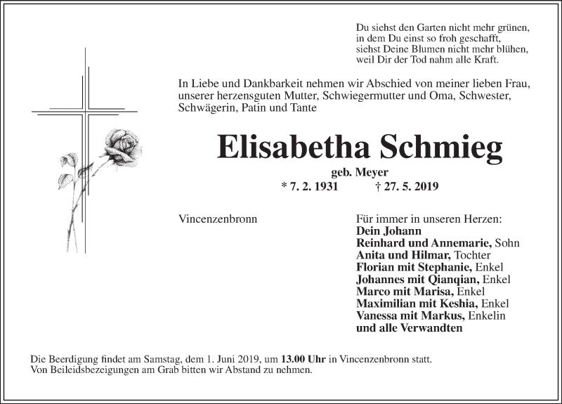 Traueranzeige für Elisabetha Schmieg vom 29.05.2019 aus Ansbach