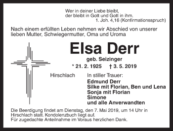 Traueranzeige von Elsa Derr von Ansbach