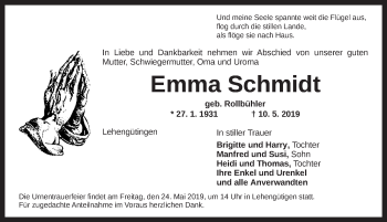 Traueranzeige von Emma Schmidt von Dinkelsbühl/ Feuchtwangen