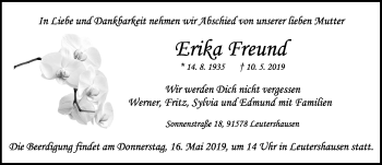 Traueranzeige von Erika Freund von Ansbach