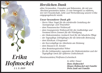 Traueranzeige von Erika Hofmockel von Ansbach