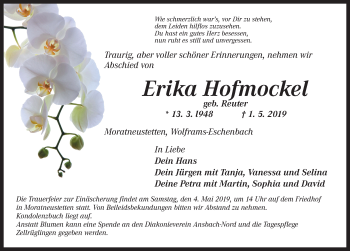 Traueranzeige von Erika Hofmockel von Ansbach