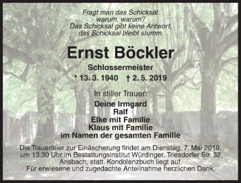 Traueranzeige von Ernst Böckler von Dinkelsbühl/ Feuchtwangen