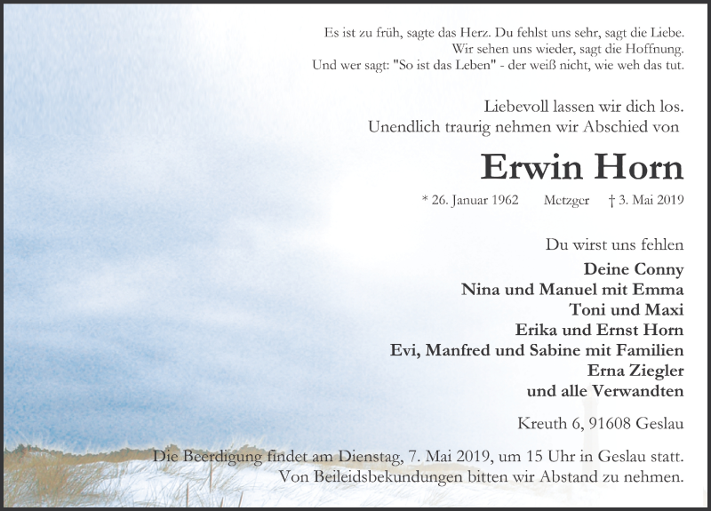  Traueranzeige für Erwin Horn vom 06.05.2019 aus Gesamtausgabe