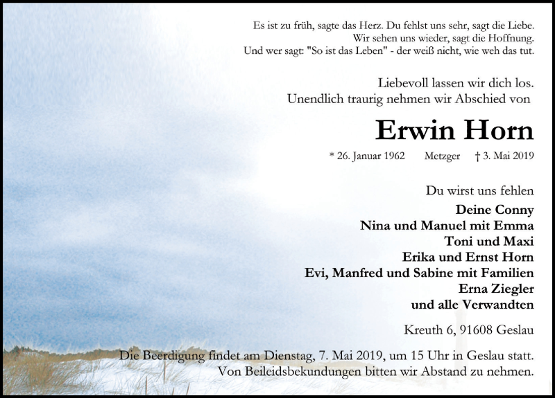  Traueranzeige für Erwin Horn vom 06.05.2019 aus Rothenburg