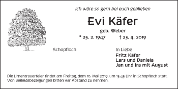 Traueranzeige von Evi Käfer von Dinkelsbühl/ Feuchtwangen