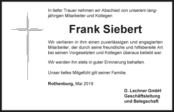 Traueranzeige von Frank Siebert von Rothenburg