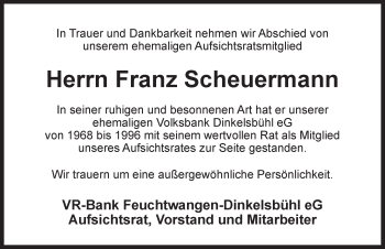Traueranzeige von Franz Scheuermann von Dinkelsbühl/ Feuchtwangen