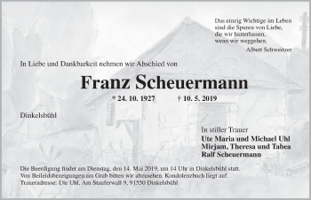 Traueranzeige von Franz Scheuermann von Dinkelsbühl/ Feuchtwangen