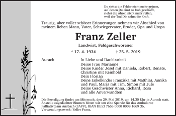 Traueranzeige von Franz Zeller von Ansbach