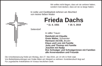 Traueranzeige von Frieda Dachs von Ansbach