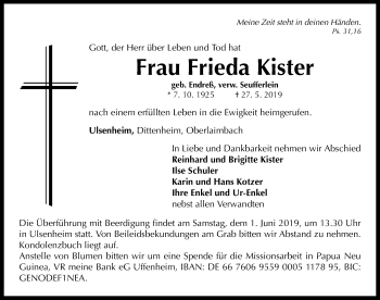 Traueranzeige von Frieda Kister von Neustadt/ Scheinfeld/ Uffenheim