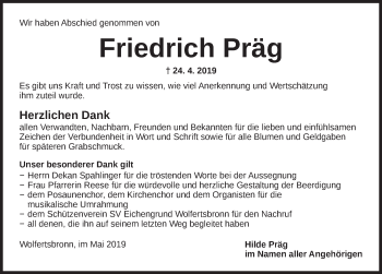 Traueranzeige von Friedrich Präg von Dinkelsbühl/ Feuchtwangen