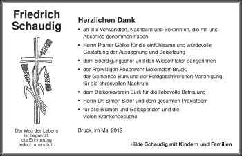 Traueranzeige von Friedrich Schaudig von Dinkelsbühl/ Feuchtwangen