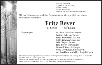 Traueranzeige von Fritz Beyer von Dinkelsbühl/ Feuchtwangen