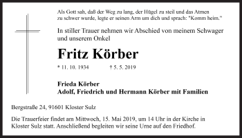 Traueranzeige von Fritz Körber von Rothenburg