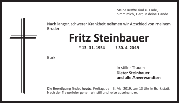 Traueranzeige von Fritz Steinbauer von Dinkelsbühl/ Feuchtwangen