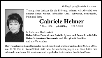 Traueranzeige von Gabriele Helmer von Neustadt/ Scheinfeld/ Uffenheim