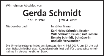 Traueranzeige von Gerda Schmidt von Ansbach