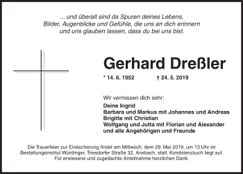 Traueranzeige von Gerhard Dreßler von Ansbach
