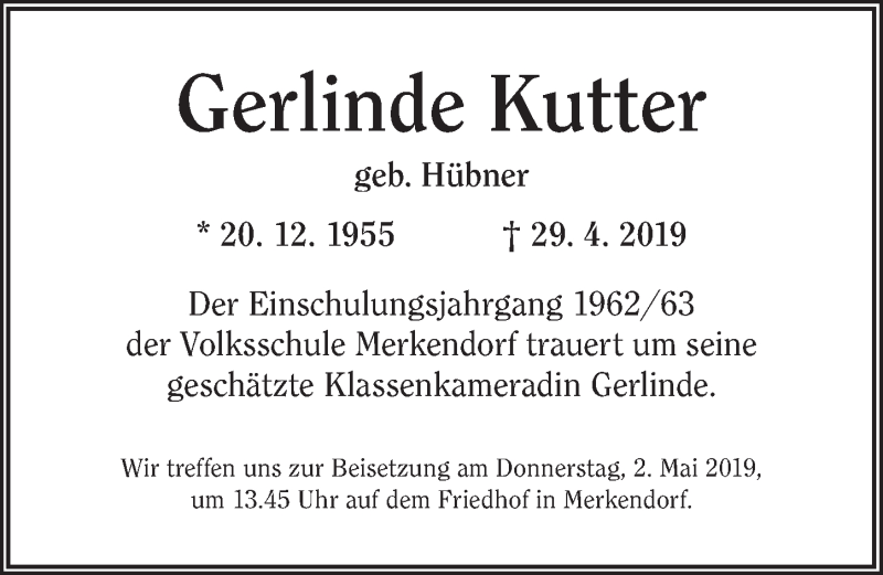  Traueranzeige für Gerlinde Kutter vom 01.05.2019 aus Ansbach