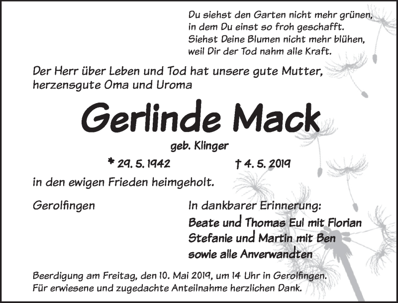 Traueranzeige für Gerlinde Mack vom 08.05.2019 aus Dinkelsbühl/ Feuchtwangen