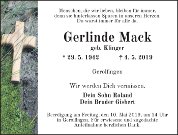 Traueranzeige von Gerlinde Mack von Dinkelsbühl/ Feuchtwangen