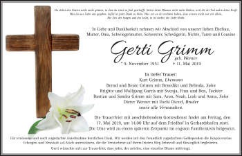 Traueranzeige von Gerti Grimm von Neustadt/ Scheinfeld/ Uffenheim