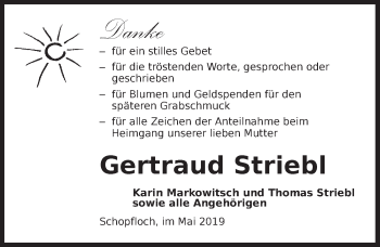 Traueranzeige von Gertraud Striebl von Dinkelsbühl/ Feuchtwangen