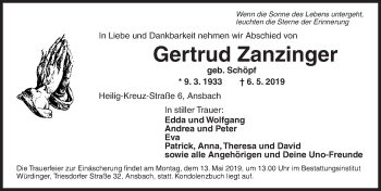 Traueranzeige von Gertrud Zanzinger von Ansbach