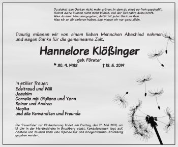 Traueranzeige von Hannelore Klößinger von Ansbach