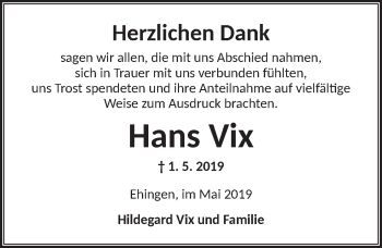 Traueranzeige von Hans Vix von Dinkelsbühl/ Feuchtwangen