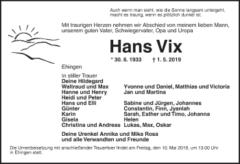 Traueranzeige von Hans Vix von Dinkelsbühl/ Feuchtwangen