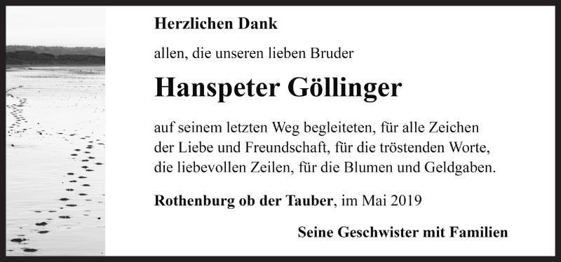  Traueranzeige für Hanspeter Göllinger vom 04.05.2019 aus Rothenburg