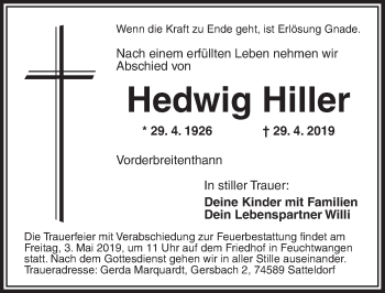 Traueranzeige von Hedwig Hiller von Dinkelsbühl/ Feuchtwangen