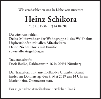 Traueranzeige von Heinz Schikora von Rothenburg