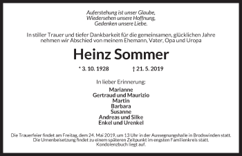 Traueranzeige von Heinz Sommer von Ansbach