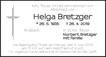 Traueranzeige von Helga Bretzger von Ansbach