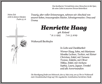 Traueranzeige von Henriette Haag von Ansbach