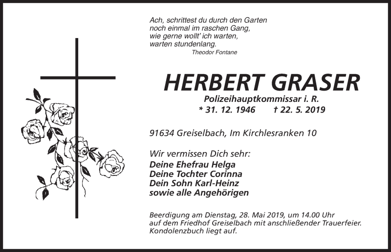  Traueranzeige für Herbert Graser vom 27.05.2019 aus Ansbach