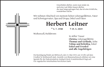 Traueranzeige von Herbert Leitner von Ansbach