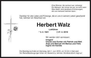 Traueranzeige von Herbert Walz von Ansbach