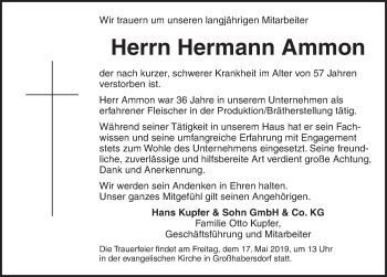 Traueranzeige von Hermann Ammon von Ansbach