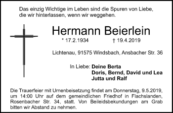 Traueranzeige von Hermann Beierlein von Ansbach